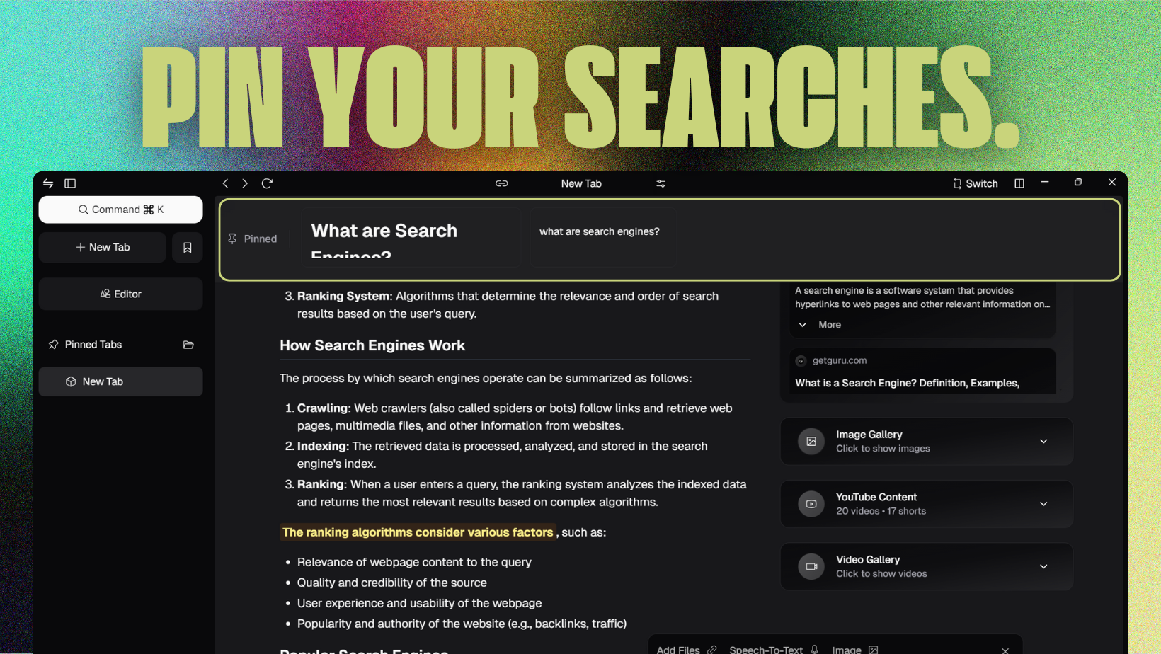 Pinned Searches Interface